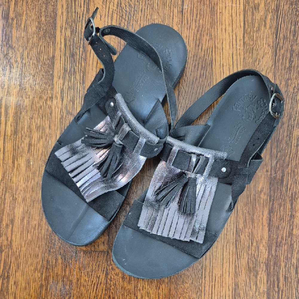 Cool Leather Silver Stylish Black Tassel Sandals Made In GREECE 41